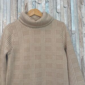 J Crew M Houndstooth Long Sleeve Funnelneck Pullover Sweatshirt Top Fleece Camel
